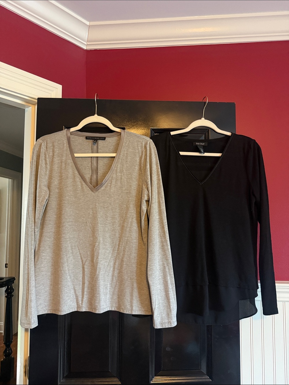 White House Black Market Long Sleeve V-Neck Tops in Black and Light Gray